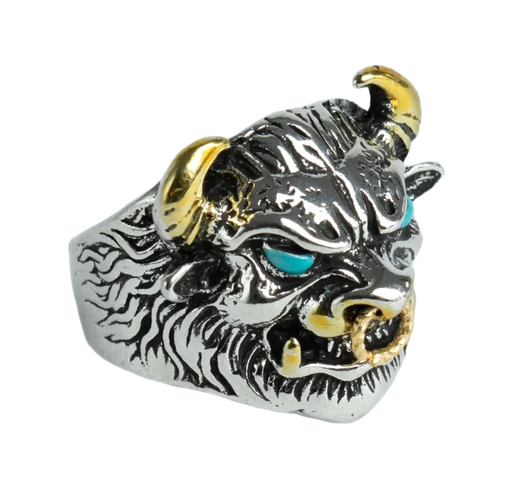 Anillo Búfalo Fiera Ojos Aguamarina, fotografía del catálogo Draco
